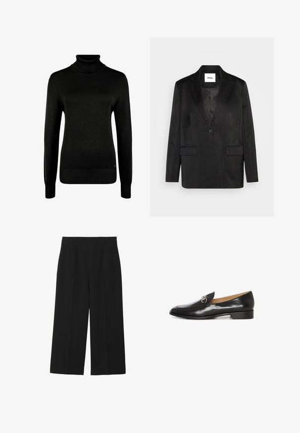Sort blazer lavet af glat stof, med slåede revers, enkelt knaplukning og to frontlommer. Skræddersyet silhuet og klassisk design.; Sort langærmet rullekrave sweater med ribstrikkede manchetter og kant, vist på en hvid baggrund.; Sorte breddebenede bukser lavet af glat stof, med to forlommer, flad front og lynlås lukning på siden.; Sorte læder loafers med et slankt design, flad hæl og hardwaredetalje i sølvfarve foran. Glat tekstur med spids tåform.