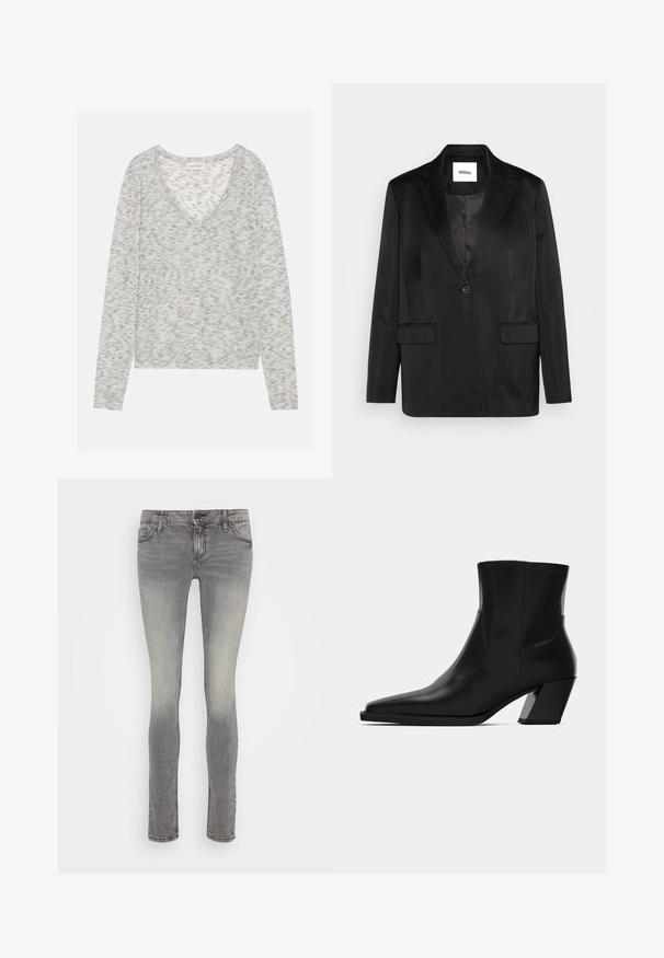 Blazer negro de tejido suave, que presenta solapas con muesca, cierre de un solo botón y dos bolsillos frontales. Silueta ajustada y diseño clásico.; Top gris de manga larga con un diseño de cuello en V, que presenta una sutil textura moteada y un material de punto suave. La etiqueta dice "ANNA FIELD."; edc by Esprit Vaqueros pitillo - grey medium wash; Bota de tobillo de cuero negro con punta afilada, una silueta elegante y un tacón cuadrado grueso. Textura suave con detalles de costura mínimos.