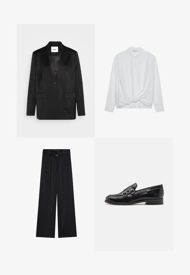 Blazer negro de tejido suave, que presenta solapas con muesca, cierre de un solo botón y dos bolsillos frontales. Silueta ajustada y diseño clásico.; Camisa blanca de manga larga con cuello, con botón en el frente y detalle de nudo torcido en el dobladillo. Tela suave con un corte relajado.; Pantalones de pierna ancha negros, confeccionados en una tela suave, que presentan una cintura alta con un cinturón y detalles de lazo, y pliegues frontales prominentes.; Mocasín de charol negro con acentos de doble hebilla plateada, punta ligeramente redondeada y tacón bajo apilado. Detalle de costura texturizada a lo largo de la parte superior.