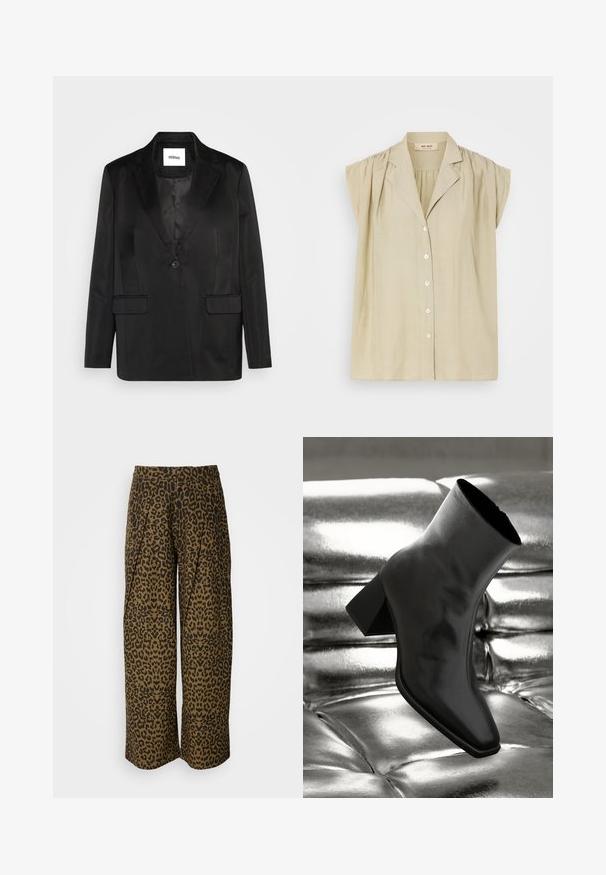 Schwarze Blazer aus glattem Stoff, mit Reverskragen, einzelner Knopfverschluss und zwei Vordertaschen. Taillierte Silhouette und klassisches Design.; Helle beige Bluse mit kurzen Puffärmeln, Knopfverschluss vorne und leichtem Kragen. Hergestellt aus einem weichen, leichten Stoff.; Weite Hosen in einem braun-schwarzen Leopardenmuster. Mit hohem Bund und gefaltetem Design. Weicher Stoff mit glatter Textur.; Schwarzer Knöchelstiefel aus glänzendem Material mit quadratischer Zehenform und verjüngtem Absatz, vor einem glänzenden silbernen gepolsterten Hintergrund.