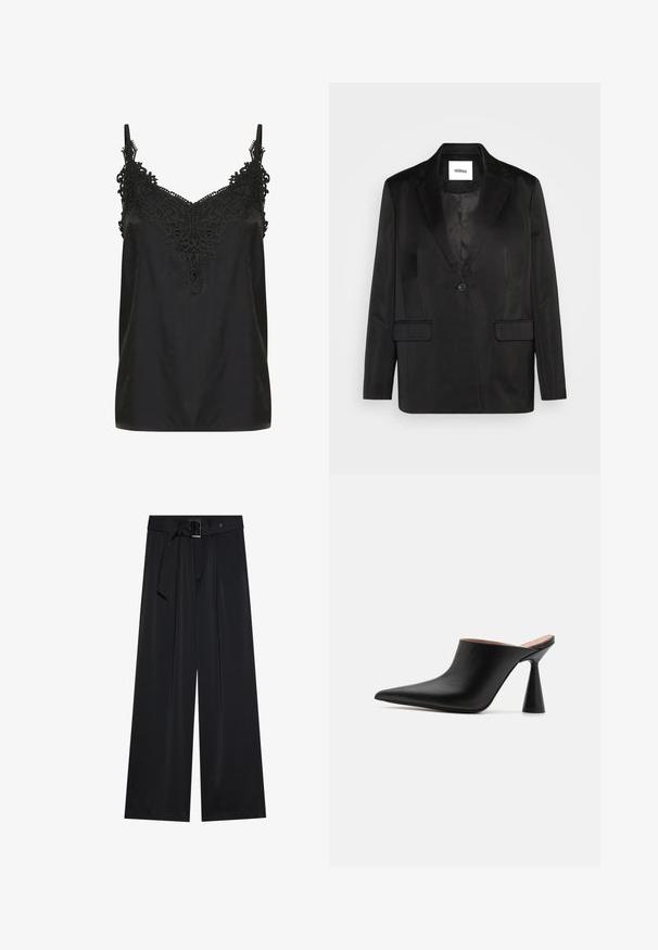 Sort blazer lavet af glat stof, med slåede revers, enkelt knaplukning og to frontlommer. Skræddersyet silhuet og klassisk design.; Sort cami med v-hals og intrikate blonderdetaljer ved udskæringen. Har spaghetti-stropper og et glat, let stof.; Sorte breddebenede bukser lavet af glat stof, med en høj talje og detaljer med bælte og løkker samt markante plissee foran.; Sorte lædermules med spids tå og en unik kegleformet hæl. Glat tekstur og minimalistisk design, åben bagside for nem påtagning.