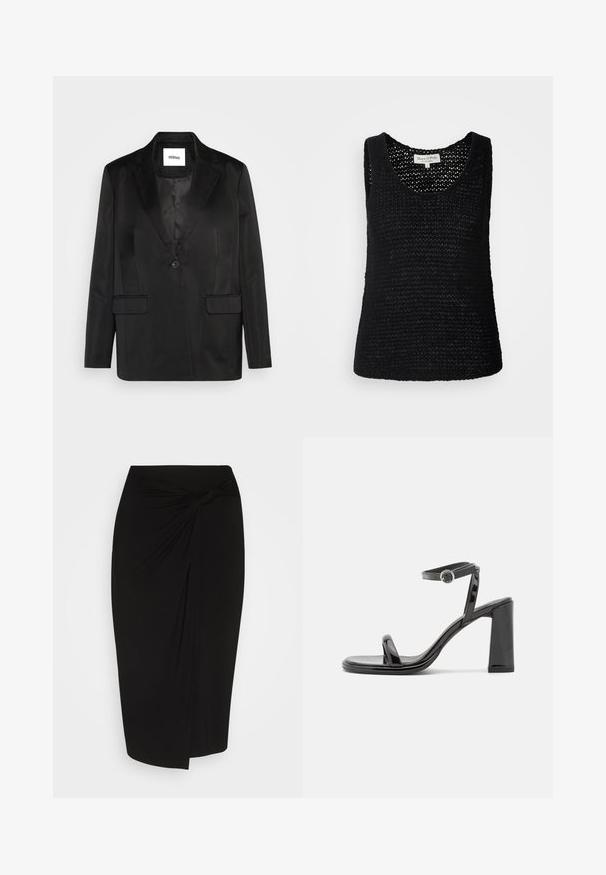 Sort blazer lavet af glat stof, med slåede revers, enkelt knaplukning og to frontlommer. Skræddersyet silhuet og klassisk design.; Marc O'Polo SLEEVELESS ROUNDNECK - Top - black; Sort knælang nederdel i et blødt, strækbart stof, med en snoet knude detalje i taljen og en slank, tætsiddende silhuet.; Call it Spring Sandaler - black