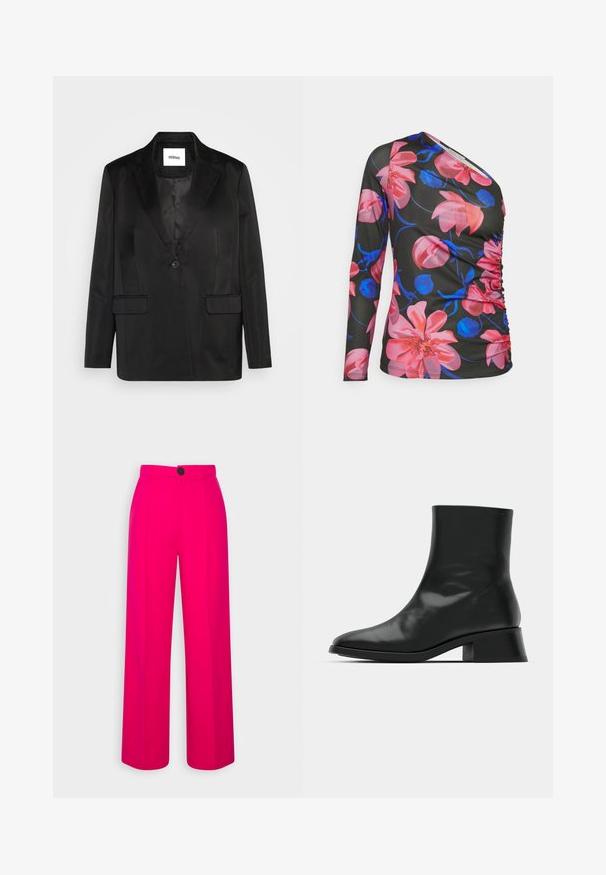 Sort blazer lavet af glat stof, med slåede revers, enkelt knaplukning og to frontlommer. Skræddersyet silhuet og klassisk design.; Anna Field by Zalando Langærmet T-shirt - black/pink; Fuchsia brede bukser med høj talje, frontfald og en enkelt sort knaplukning. Glat tekstur og skræddersyet design.; Sort ankelstøvle lavet af blank læder, med et strømlinet design, spids tå og en moderat blokhælhøjde for stabilitet.