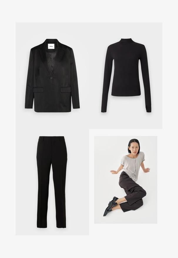 Blazer negro de tejido suave, que presenta solapas con muesca, cierre de un solo botón y dos bolsillos frontales. Silueta ajustada y diseño clásico.; Camiseta negra ajustada de manga larga con cuello alto, mostrada sobre un fondo gris claro liso.; Pantalones negros ajustados hechos de una tela suave, con un corte recto, líneas de pliegue, trabillas para cinturón y cierre de cremallera.; Top de manga corta gris claro, pantalones anchos oscuros y mocasines negros. Tela suave, ajuste relajado y ribete en contraste en la camisa.