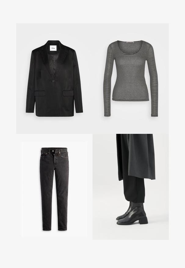 Blazer negro de tejido suave, que presenta solapas con muesca, cierre de un solo botón y dos bolsillos frontales. Silueta ajustada y diseño clásico.; Anna Field by Zalando Camiseta de manga larga - black/beige; Jeans de denim negro con corte recto, que cuentan con cinco bolsillos, herrajes de cobre y una textura ligeramente deslavada.; Botines negros de piel con tacones de bloque bajos, usados con pantalones negros y un abrigo largo gris oscuro.