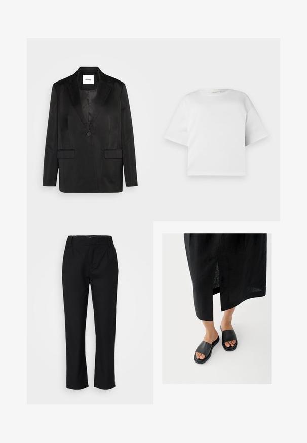 Sort blazer lavet af glat stof, med slåede revers, enkelt knaplukning og to frontlommer. Skræddersyet silhuet og klassisk design.; Hvid cropped t-shirt lavet af glat bomuld, med rund hals og korte, brede ærmer. Enkel, ren design uden synlige mønstre.; Sorte bukser i et glat stof, med lige ben, frontfældninger og en elastisk talje for komfort. Ingen synlig hardware.; Sorte slidssandaler med bred rem, flad sål og minimalistisk design. Materialet virker glat med en mat finish.