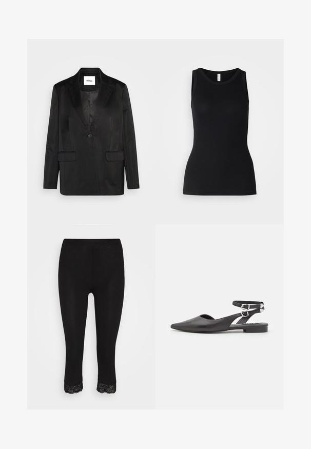 Blazer noir en tissu lisse, avec un col cranté, une fermeture à un bouton et deux poches avant. Silhouette ajustée et design classique.; Débardeur noir sans manches en tissu côtelé, avec un col rond et une coupe ajustée, à la texture douce et sans motifs.; Leggings noirs ajustés, avec une finition en dentelle à l'ourlet. Fabriqués à partir d'un matériau lisse et extensible pour le confort et la flexibilité.; Chaussures plates en cuir noir avec un bout pointu, une bride autour de la cheville et un détail de boucle. Caractéristiques : un petit talon bas et un design ouvert sur le côté.