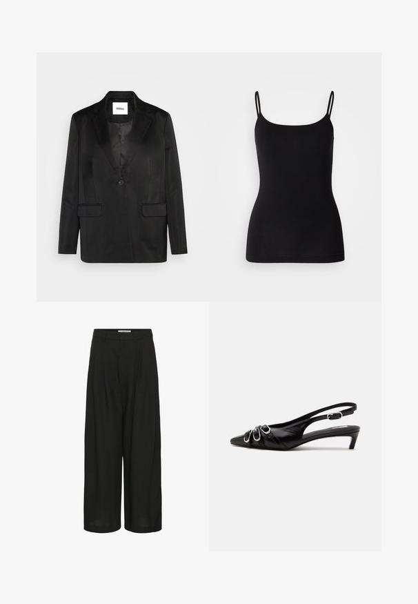 Blazer noir en tissu lisse, avec un col cranté, une fermeture à un bouton et deux poches avant. Silhouette ajustée et design classique.; Débardeur noir avec des bretelles fines et ajustables, en tissu extensible lisse et à la silhouette ajustée. Pas de motifs ni de décorations.; Pantalon noir à jambes larges avec plis à l'avant, taille avec passants pour ceinture et détail de bouton latéral à la taille.; Chaussure slingback en cuir noir avec bout pointu, trois boucles argentées à l'avant et petit talon kitten sur fond blanc.