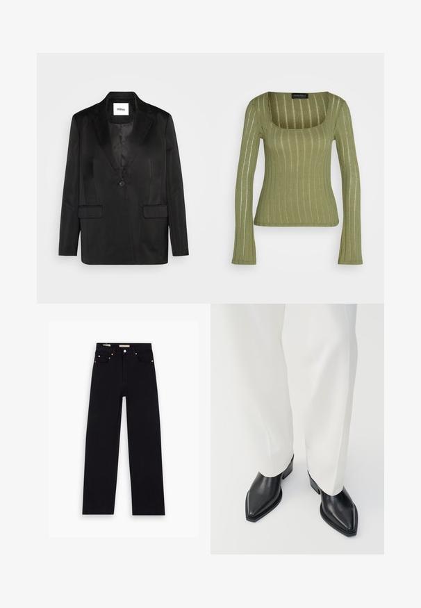 Schwarze Blazer aus glattem Stoff, mit Reverskragen, einzelner Knopfverschluss und zwei Vordertaschen. Taillierte Silhouette und klassisches Design.; Langärmliges, geripptes Oberteil in Olivgrün mit quadratischem Ausschnitt und taillierter Silhouette, gefertigt aus weichem, texturiertem Material.; Schwarze Denim-Jeans mit geradem Schnitt, fünf Taschen, Kupferbeschlägen und einer glatten Textur. Zwei Etiketten sind am Bund sichtbar.; Schwarze spitz zulaufende Stiefeletten aus glattem Leder mit flachen Blockabsätzen, kombiniert mit weißen, weiten Hosen. Schlichtes und modernes Design.