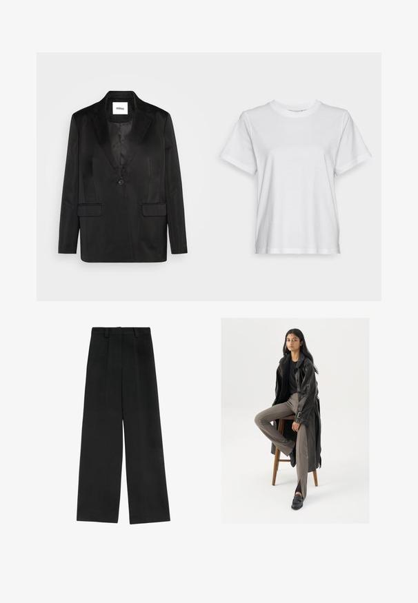 Sort blazer lavet af glat stof, med slåede revers, enkelt knaplukning og to frontlommer. Skræddersyet silhuet og klassisk design.; Hvid bomulds T-shirt med korte ærmer, rund hals og en afslappet pasform. Glat tekstur, uden mønstre eller grafik, enkel design.; Sorte brede bukser med høj talje, der har to frontfald, bæltestropper og en glat tekstur. Ingen lommer eller synligt metal.; Sort læder trench coat med knapper og bælte detalje, parret med lysebrune tætsiddende bukser og sorte loafers, siddende på en træstol.