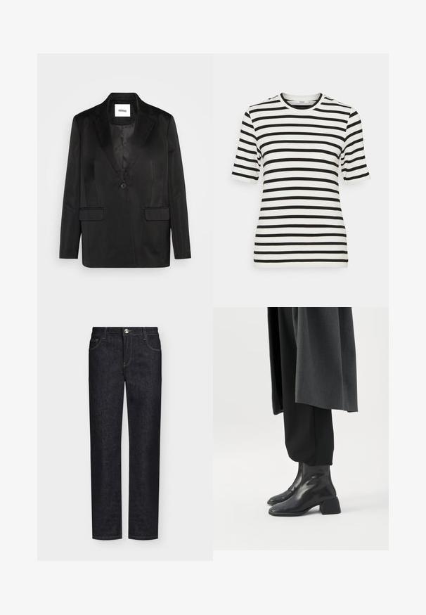 Sort blazer lavet af glat stof, med slåede revers, enkelt knaplukning og to frontlommer. Skræddersyet silhuet og klassisk design.; Stylein CHAMBERS - T-shirts basic - white; Sorte jeans med lige ben, forlommer, bæltestropper og knaplukning på en ensfarvet baggrund.; Sorte læderankelstøvler med lave blokhæle, båret med sorte bukser og en mørkegrå lang frakke.