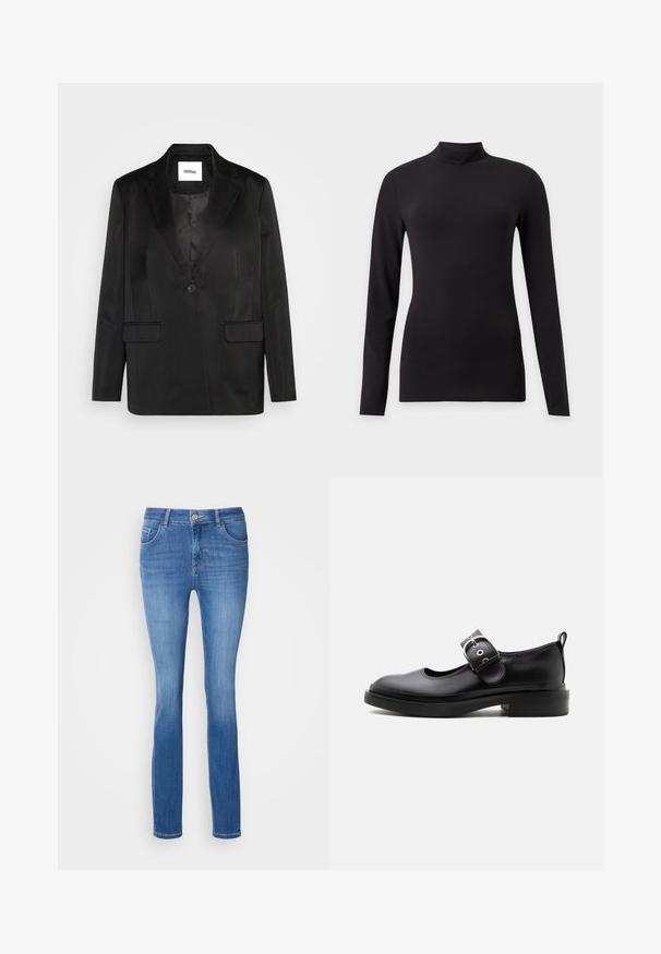 Blazer negro de tejido suave, que presenta solapas con muesca, cierre de un solo botón y dos bolsillos frontales. Silueta ajustada y diseño clásico.; Top negro ajustado de manga larga con cuello alto simulado, mostrado sobre un fondo liso gris claro.; Jeans de denim azul con un corte ajustado, cinco bolsillos y un patrón de desgastado sutil. Elaborados con una tela suave y elástica, presentan un cierre de botón estándar.; Zapato Mary Jane de cuero negro con suela gruesa, punta redondeada, correa con hebilla plateada y tirador en la parte trasera.