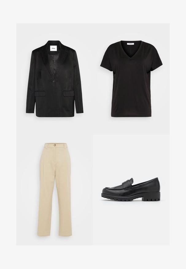 Blazer noir en tissu lisse, avec un col cranté, une fermeture à un bouton et deux poches avant. Silhouette ajustée et design classique.; T-shirt noir à col en V fabriqué en tissu doux et respirant. Il dispose de manches courtes et d'une coupe décontractée, sans motifs ni accents visibles.; Pantalons beiges taille haute, avec des plis sur le devant et un petit bouton en métal. Fabriqués en tissu lisse avec des jambes droites et amples.; Mocassins en cuir noir avec un bout arrondi, un soulignement cousu et une semelle en caoutchouc épaisse avec un relief visible. Surface lisse.