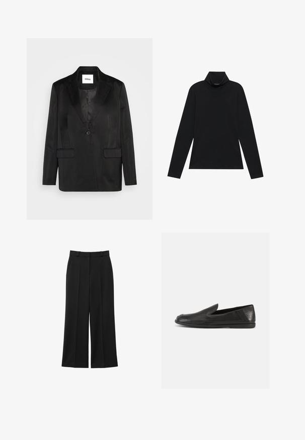 Blazer noir en tissu lisse, avec un col cranté, une fermeture à un bouton et deux poches avant. Silhouette ajustée et design classique.; Turtleneck à manches longues noir. Tissu doux, design près du corps, col montant et coutures latérales. Style simple et polyvalent, idéal pour le superposition.; Pantalons larges noirs en tissu lisse, avec des plis avant, des poches latérales et une taille cintrée pour un ajustement structuré.; Chaussures en cuir noir à enfiler, avec une finition lisse, un bout arrondi et un design minimaliste. Elles possèdent une semelle basse en caoutchouc flexible.