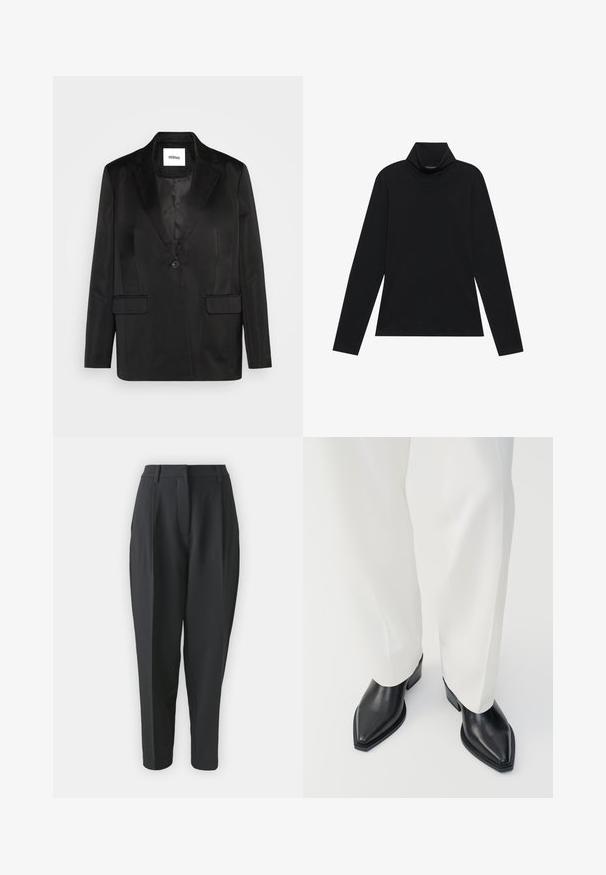 Sort blazer lavet af glat stof, med slåede revers, enkelt knaplukning og to frontlommer. Skræddersyet silhuet og klassisk design.; Sort turtleneck med lange ærmer. Blødt stof, tætsiddende design, høj krave og sidesøm. Simpel og alsidig stil, der er velegnet til lag-på-lag.; Sorte skræddersyede bukser med høj talje, plisseringer og indsnævret ben. Glat stof uden synlige mønstre eller udsmykninger.; Sorte spidse ankelstøvler med en glat læderoverflade, lave blokhæle, og parret med hvide brede bukser. Enkel og moderne design.