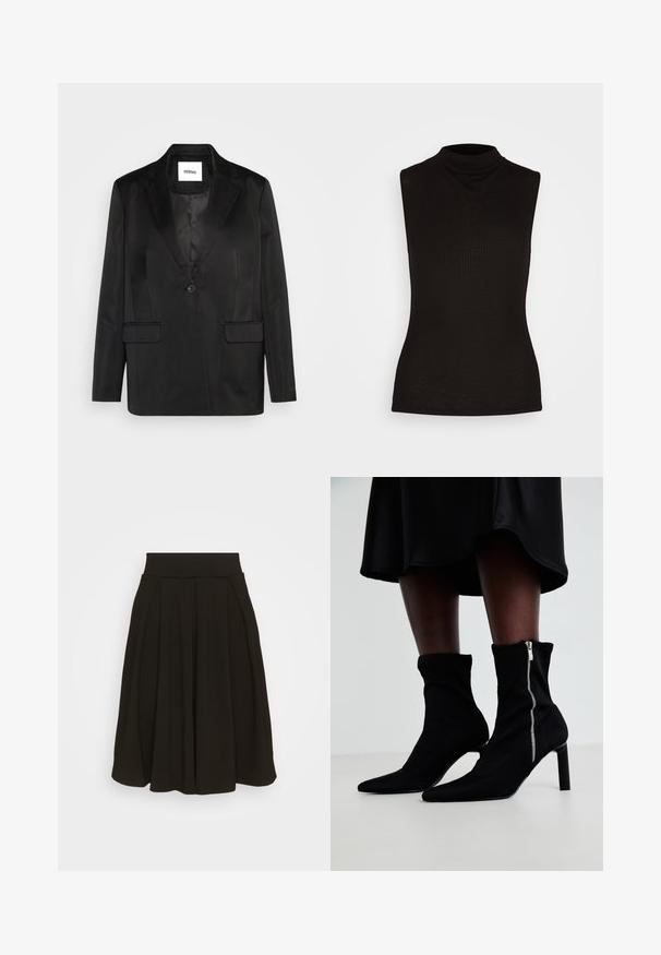 Blazer noir en tissu lisse, avec un col cranté, une fermeture à un bouton et deux poches avant. Silhouette ajustée et design classique.; Haut sans manches noir à col roulé fabriqué en tissu côtelé, présentant un col haut et une silhouette ajustée. Pas de motifs ni d'accents.; Jupe plissée noire avec une large ceinture élastique. Fabriquée dans un tissu doux, elle présente un ourlet à mi-genoux et une texture lisse.; Bottines noires avec un corps en tissu extensible, un bout pointu et une fermeture éclair sur le côté, montées sur un talon slim et haut.
