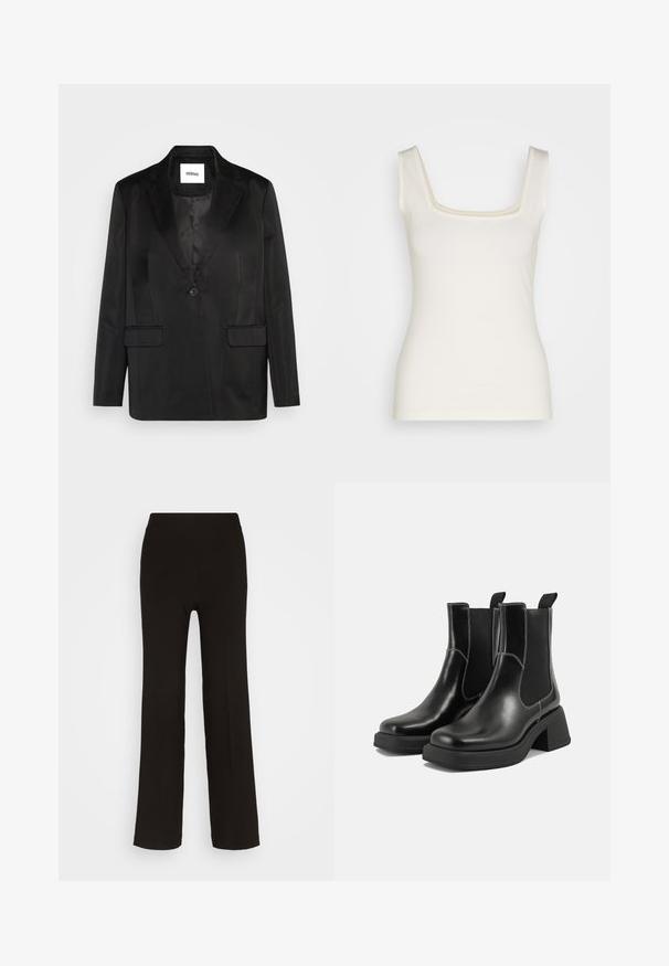 Sort blazer lavet af glat stof, med slåede revers, enkelt knaplukning og to frontlommer. Skræddersyet silhuet og klassisk design.; Cremefarvet top med firkantet halsudskæring, smalle stropper og tætsiddende silhuet. Lavet af blødt, strækbart stof. Ingen mønstre eller dekorationer.; Sorte, vide benbukser lavet af et glat stof med en tætsiddende høj talje og uden synligt hardware eller mønstre.; Sorte læder Chelsea-støvler med en kraftig hæl, elastiske sidepaneler og kontrastfarvet hvid syning. Tekstureret overflade.