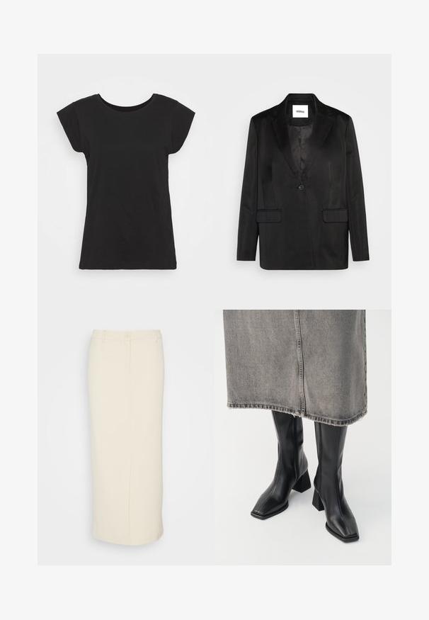Blazer negro de tejido suave, que presenta solapas con muesca, cierre de un solo botón y dos bolsillos frontales. Silueta ajustada y diseño clásico.; Camiseta de algodón negra con manga corta tipo cap sleeve, escote redondo y un corte relajado. Textura suave sin patrones ni adornos visibles.; Monki Falda de tubo - beige dusty light; Botas negras hasta la rodilla de cuero liso con punta cuadrada y tacón cuadrado. Llevadas con una falda de mezclilla gris con dobladillo desflecado.
