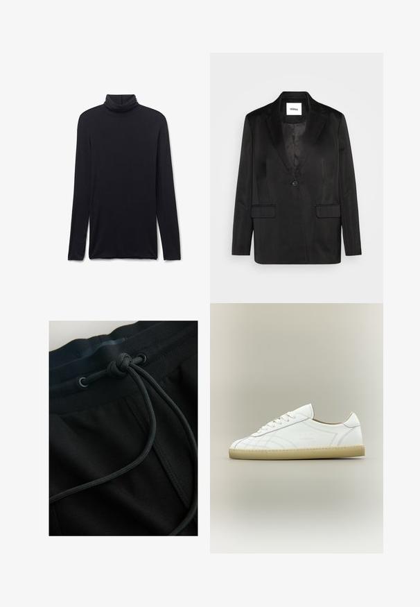 Sort blazer lavet af glat stof, med slåede revers, enkelt knaplukning og to frontlommer. Skræddersyet silhuet og klassisk design.; Sort langærmet rullekrave med tætsiddende pasform og glat stof, lagt fladt på en hvid baggrund.; Sorte joggerbukser med snøre i taljen og tekstureret stof, med fokus på glatte linjer og et minimalistisk design.; Hvid lavtop lædersneaker med beige sål, snøredesign og subtile syede mønstre på neutral baggrund.