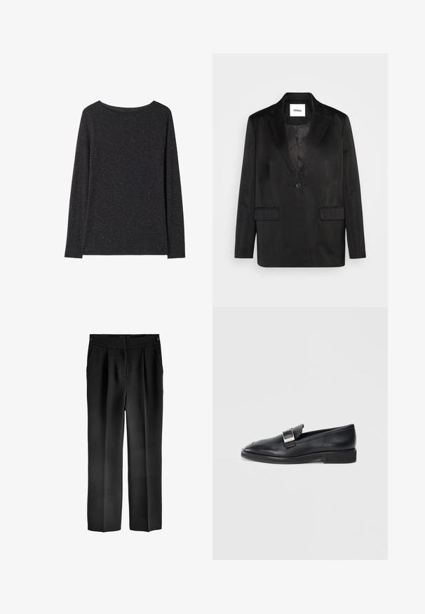Blazer negro de tejido suave, que presenta solapas con muesca, cierre de un solo botón y dos bolsillos frontales. Silueta ajustada y diseño clásico.; Jersey gris oscuro de manga larga con cuello redondo y textura ligeramente jaspeada, mostrado plano sobre un fondo blanco.; Pantalones negros ajustados con una cintura alta, dos bolsillos frontales y un diseño de pierna recta. Fabricados en una tela suave con un acabado mate.; Mocasín de cuero negro con una hebilla rectangular de plata en la parte superior y un tacón bajo sobre un fondo blanco.