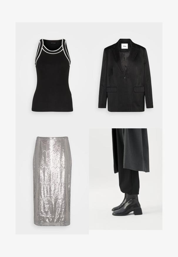 Blazer noir en tissu lisse, avec un col cranté, une fermeture à un bouton et deux poches avant. Silhouette ajustée et design classique.; Débardeur noir à côtes avec des bordures blanches. Il présente un col rond et un design dos nageur. Fabriqué en tissu extensible pour plus de confort.; Jupe crayon en sequins argentés avec une silhouette ajustée, présentant une texture lisse et une surface scintillante qui reflète la lumière.; Bottines en cuir noir à talons blocs bas portées avec un pantalon noir et un long manteau gris foncé.
