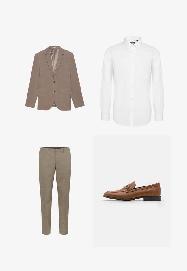 Lichtbruine blazer van textuurstof, met twee voorkepten, een sluiting met één knop en een satijnen binnenvoering.; Witte overhemd met lange mouwen van geweven stof, voorzien van een button-down kraag, een voorplacket met knopen en mouwen met manchetten. Minimale uitstraling.; Beige op maat gemaakte broeken met een subtiel ruitpatroon, rechte pijpen, voorzakken en een gladde stofstructuur.; Bruine leren loafers met een platte hak, voorzien van een decoratieve metalen accent aan de voorkant, elegant ontwerp en een gladde textuur.