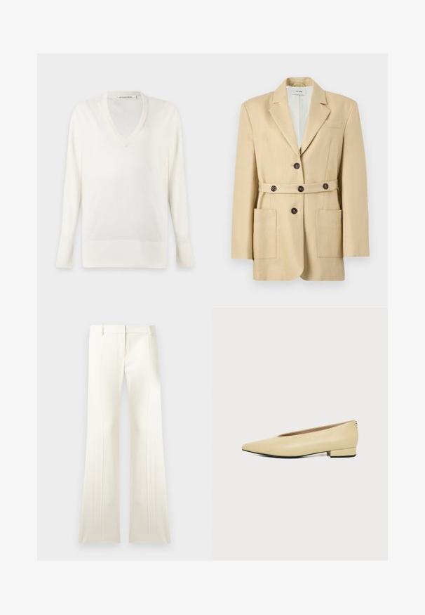 Blazer beige cintré avec revers crantés, fermeture avant à boutons, ceinture assortie avec boutons et deux grandes poches plaquées.; Pull blanc à manches longues avec col en V, poignets et ourlet côtelés, présenté sur un fond clair uni.; Pantalon blanc taille haute, à jambes larges, avec plis sur le devant, passants pour ceinture et fermeture éclair dissimulée à l'avant.; Chaussure femme en cuir beige avec talon bas, bout pointu et design minimaliste, présentée de profil sur un fond uni.