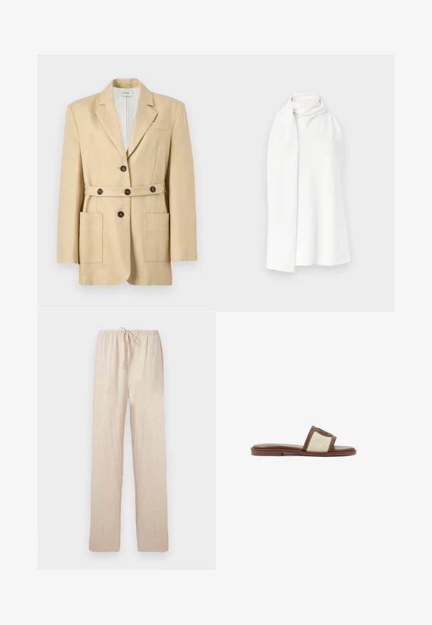 Beige skræddersyet blazer med hakket revers, knaplukning foran, matchende bælte med knapper og to store påsatte lommer.; Hvidt tørklæde, blød og glat tekstur, med et draperet design og høj hals. Ingen mønstre eller pynt.; Lysebeige bukser med løs pasform, elastisk talje og snøre, lige ben, lavet af letvægtsstof.; Brune læderslidesandal med en beige vævet overdel, flad sål og rund tå. Designet inkluderer en logoakcent på remmen.