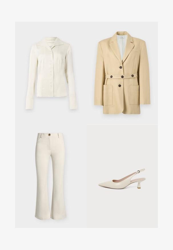 Beige skræddersyet blazer med hakket revers, knaplukning foran, matchende bælte med knapper og to store påsatte lommer.; Off-white langærmet skjorte med knapper, bred krave og figursyet talje, præsenteret mod en plain lys baggrund.; Beige bukser med høj talje, forlommer, knaplukning og let udvidede ben mod en ensfarvet baggrund.; Sko med spids tå i cremefarve, med en lille buet kitten-hæl og justerbar spænde-rem.