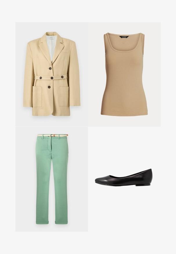 Beige op maat gemaakte blazer met notch-revers, knoopsluiting aan de voorkant, bijpassende riem met knopen en twee grote opgestikte zakken.; Mouwloze beige geribbelde tanktop met een ronde halslijn en een klein logo vlak bij de onderzoom.; Lichtgroene broek van katoen, met een recht gesneden ontwerp, geweven beige riem en zakken aan de voorkant. Soepele textuur met minimale stiksels.; Zwarte ballerina van glanzend leer met een ronde neus en een lage, platte zool. Heeft een gladde textuur met een eenvoudig en strak design.