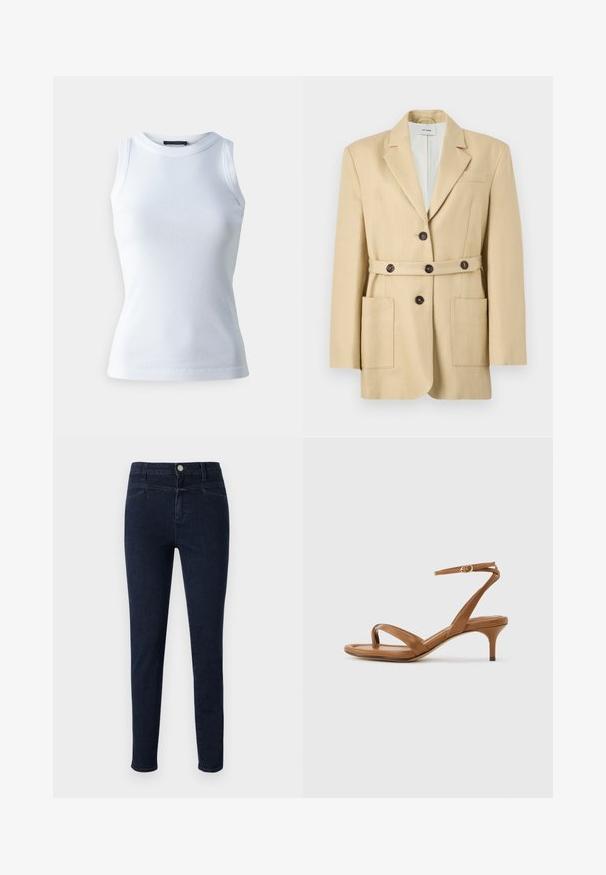 Blazer beige cintré avec revers crantés, fermeture avant à boutons, ceinture assortie avec boutons et deux grandes poches plaquées.; T-shirt sans manches blanc en tissu côtelé, avec un col rond et une silhouette ajustée. Texture lisse, sans motifs ni accents visibles.; CLOSED SKINNY PUSHER - Jeans Skinny - dark blue; Sandale en cuir marron avec lanières, talon bas en forme de petit escarpin et bride à la cheville avec une petite boucle, vue de côté sur un fond uni.