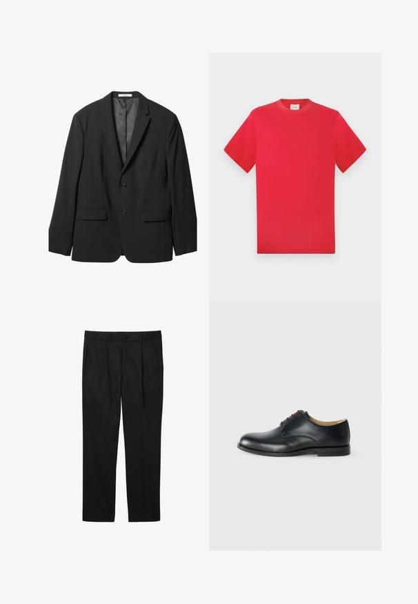 Veste pour homme noire avec revers crantés, deux boutons sur le devant, deux poches à rabat et une poche poitrine, présentée sur un fond blanc.; T-shirt rouge à col rond en coton. Manches courtes, couleur unie avec un logo discret au centre. Texture douce et coupe classique.; Pantalons formels noirs pour hommes avec poches avant, passants pour ceinture, fermeture par bouton et coupe droite.; Calvin Klein ESS DERBY - Derbies - triple black