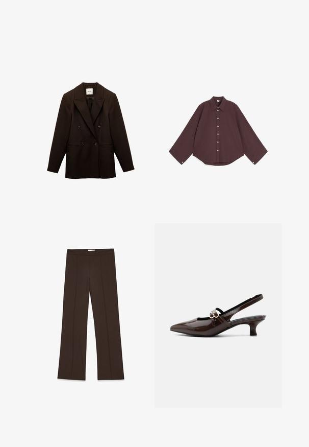 Blazer de doble botonadura en marrón oscuro con solapas de muesca, dos bolsillos frontales y cuatro botones forrados de tela para el cierre.; Camisa marrón oscuro de manga larga con botones, puños anchos y cuello puntiagudo, colocada plana sobre un fondo blanco.; Pantalones marrones de pierna ancha confeccionados en una tela suave; presentan pliegues frontales y una cinturilla estándar. Diseño minimalista sin cierre visible.; Marco Tozzi Tacones - cinnamon