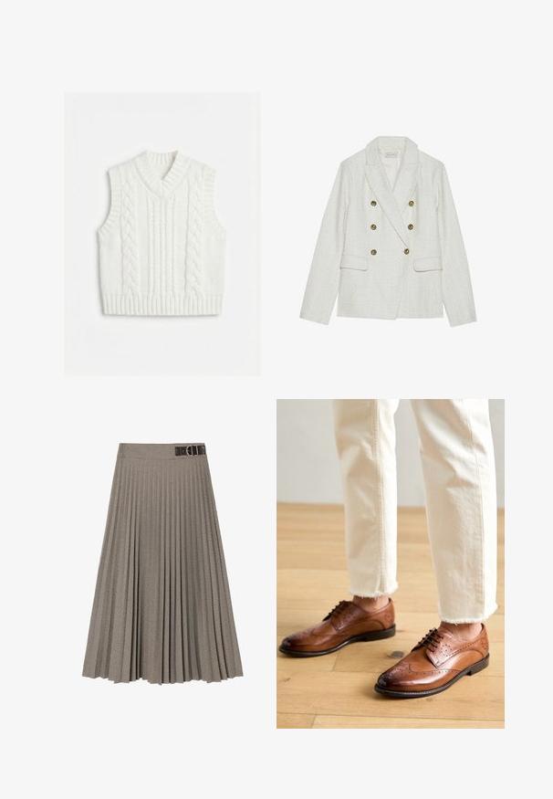 Blazer en tweed blanc avec un design double boutonnage, comportant quatre boutons dorés, deux poches avant et un col cranté.; Veste sans manches blanche en tricot avec motif torsadé et encolure en V, emmanchures et ourlet côtelés.; Jupe plissée à motif à carreaux, dotée d'une ceinture sombre avec une boucle. Fabriquée à partir d'un tissu texturé dans des teintes de brun et de crème.; Chaussures brogues en cuir marron avec des détails perforés, bout arrondi et finition lisse, associées à un pantalon crème à ourlet effiloché.