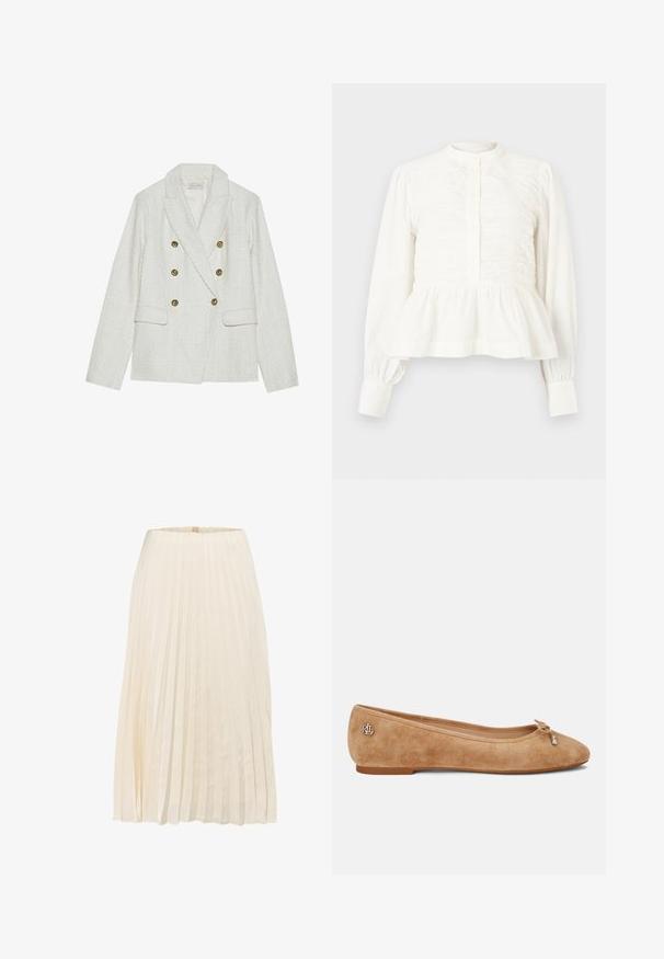 Witte tweed blazer met een dubbelzijdig ontwerp, voorzien van vier gouden knopen, twee voorzakken en een gesneden kraag.; Witte blouse met lange mouwen, gerimpelde voorkant, opstaande kraag, knoopsluiting en een geplooide peplumzoom.; Plissérrok in crèmekleurige stof, met verticale plooien en een gladde textuur, met een middenlange vorm en een eenvoudige tailleband.; Beige suède balletschoen met een lichtpuntige neus, een strikaccent aan de voorkant en een klein metallic logo op de hak. Platte zool.