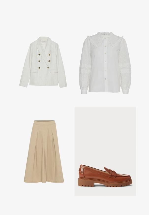 Blazer blanco de tweed con diseño de doble botonadura, que presenta cuatro botones dorados, dos bolsillos frontales y un cuello con muesca.; Blusa blanca con cuello fruncido, cierre de botones en el frente y detalles de ojo de perdiz bordados en las mangas abullonadas. Presenta un brillo sutil y una textura suave.; Falda plisada beige con una textura suave, diseño hasta las rodillas y una cinturilla ajustada. Fabricada en un tejido ligero con detalles de costura sutiles.; Mocasines de piel marrón con diseño de punta de mocasín, costuras visibles y suela de goma gruesa y texturizada. Acento en hardware de tono dorado.