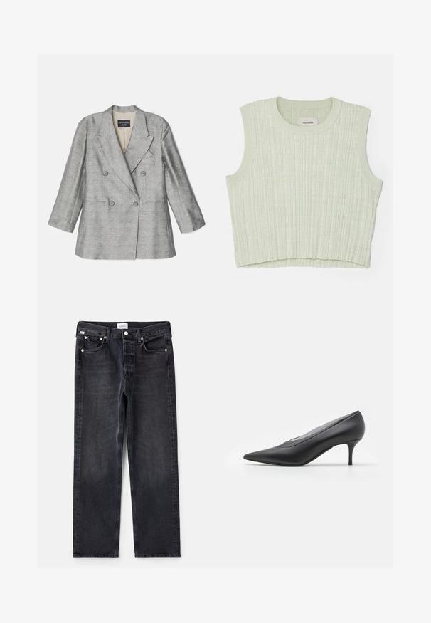 Emporio Armani Blazer - greige; Lys grøn ribbet tanktop med rund halsudskæring og uden ærmer. Blød tekstur med en let cropped længde. Mærke synligt indeni.; Sorte denimjeans med lige pasform, fem lommer, sølvhardware og en let falmet tekstur. Klassisk design med minimal detaljering.; Sorte spidse højhælede sko lavet af glat læder. Har en slank hæl og et minimalistisk design uden synlige udsmykninger.
