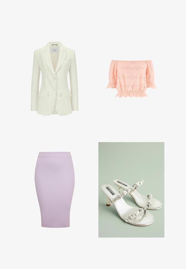 Weißer, taillierter Blazer mit Reverskragen, zwei vorderen Taschen und einer Drei-Knopf-Verschlussleiste. Glattes Material mit strukturiertem Design und minimalen Details.; Hellrosa schulterfreie Bluse mit Lochstickerei in Blumenmuster, welligem Saum und dreiviertel Puffärmeln mit elastischen Bündchen.; Lavendelfarbener, gerippter Strick-Bleistiftrock mit schmaler Silhouette und elastischem Bund, entworfen für einen eleganten Look und Komfort.; Silberne Sandalen mit klaren Riemen und floralem Schmuck. Sie haben ein elegantes Design und eine glänzende Oberfläche, die sich für formelle Anlässe eignet.