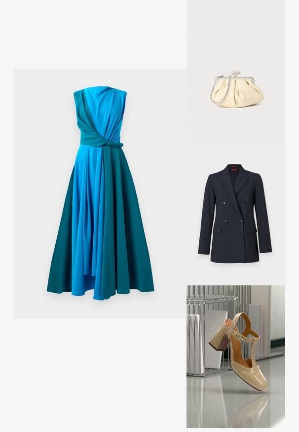 Veste noire croisée à double boutonnage avec revers crantés, quatre boutons sur le devant et deux poches à rabat, sur un fond blanc uni.; Robe une pièce en dégradé de bleues et de teal. Présente un corsage torsadé, un design sans manches et une jupe plissée fluide.; Chaussure à talon haut en cuir beige avec une bride en T, des perforations décoratives et un talon épais avec un accent bordeaux. Finition lisse.; Pochette en cuir beige plissé avec un cadre en métal argenté, dotée de deux fermoirs ronds décoratifs et d'une chaîne en argent.