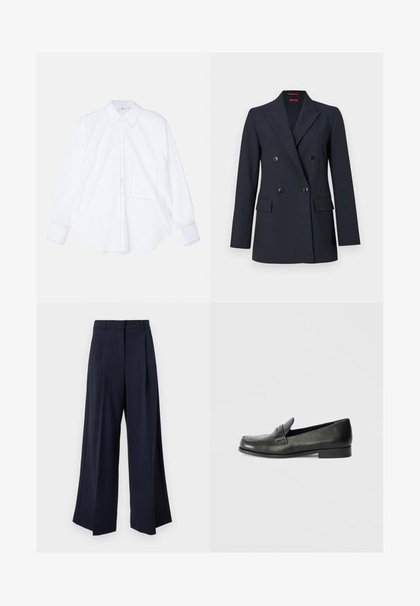 Sort dobbeltbrystet blazer med hakkede revers, fire forreste knapper og to klaplommer på hvidt ensfarvet baggrund.; Hvid langærmet skjorte fremstillet af glat stof, med knaplukning foran, stort krave, rundet nederste kant og en enkelt venstre brystlomme med syningsdetalje.; Marineblå vidde bukser med forreste læg, bæltestropper og en skjult forreste lukning.; Sorte læder loafers med en rund tå, forhøjede syningsdetaljer og en lav, stablet hæl. Glat tekstur med en subtil glans.
