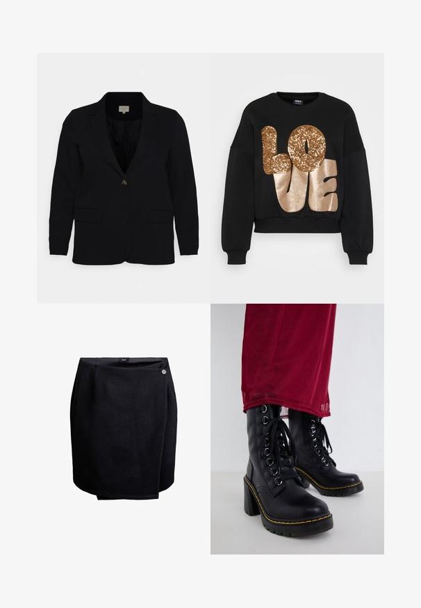 Blazer noir avec revers crantés, fermeture à un bouton, deux poches avant et texture de tissu lisse. Coupe classique et design ajusté.; Sweat-shirt noir avec un design court. Présente de grandes lettres dorées brillantes et pailletées formant le mot « LOVE ». Poignets et col côtelés.; Jupe noire enveloppante avec une fermeture à bouton sur le côté, fabriquée en tissu lisse, arrivant au genou avec un léger détail de superposition.; Bottes noires en cuir jusqu'à la cheville avec un talon épais, présentant un design à lacets, des œillets en métal argenté, et des coutures jaunes le long de la semelle.