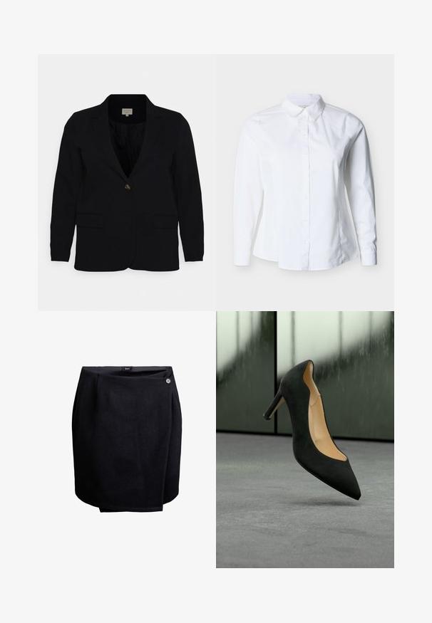 Sort blazer med spidse klapper, enkelt knaplukning, to forlommer og glat stofstruktur. Klassisk snit og skræddersyet design.; Hvid langærmet skjorte med knapper, spids krave og figursyet talje mod en lys baggrund.; Sort omslagskørt med en enkelt knaplukning i siden, lavet af glat stof, knælangt med en let overlappende detalje.; Sort spids højhælet sko med bølget kant og tanfarvet inderside, svævende over gråt gulv mod sløret grønt baggrund.