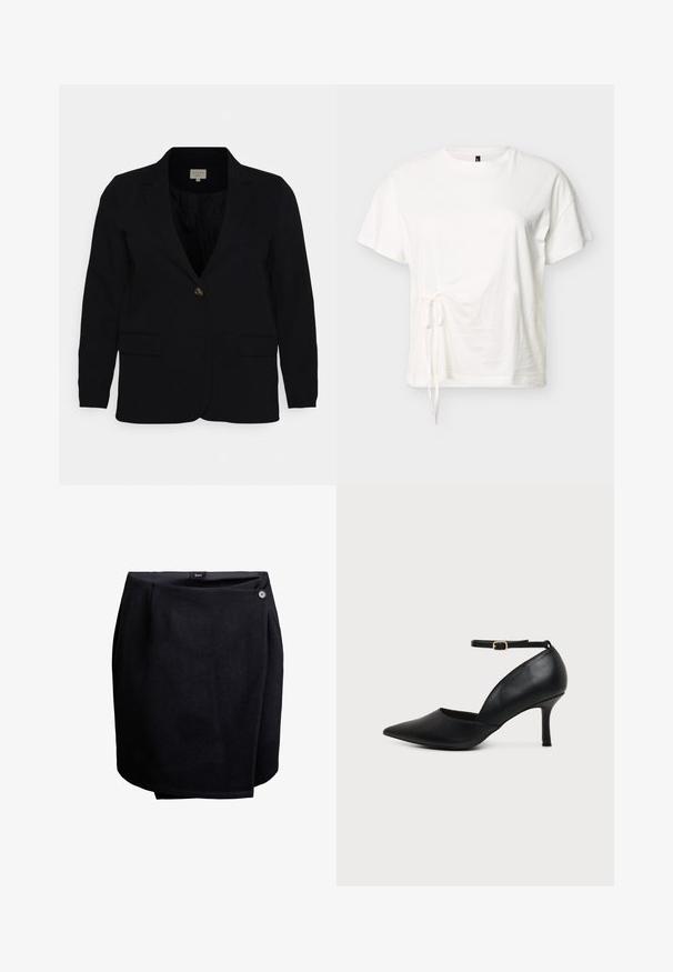 Sort blazer med spidse klapper, enkelt knaplukning, to forlommer og glat stofstruktur. Klassisk snit og skræddersyet design.; Hvid kortærmet bomuldst-shirt med rund halsudskæring og justerbar bindedetalje i siden på en ensfarvet baggrund.; Sort omslagskørt med en enkelt knaplukning i siden, lavet af glat stof, knælangt med en let overlappende detalje.; Sort læder sko med spids tå, kitten heel, ankremme og gylden spænde på neutral baggrund.