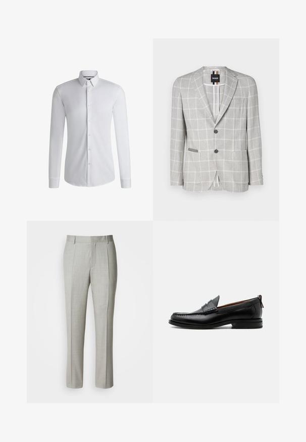 Lys grå ternet blazer lavet af tekstureret stof. Har to knapper, en lomme og kontrasterende indvendige detaljer. Klassisk skræddersyet design.; Langærmet hvid skjorte lavet af glat stof, med en krave med knapper og en række knapper foran. Enkelt design.; Lysegrå, skræddersyede bukser lavet af glat stof med lige snit, for-pressede læg og klassisk linning med bæltestropper.; Sort læder herre loafer med moc-tå syning, penny strop, struktureret krave og lav stablet hæl på hvid baggrund.