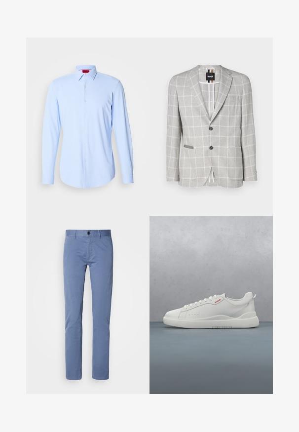 Lys grå ternet blazer lavet af tekstureret stof. Har to knapper, en lomme og kontrasterende indvendige detaljer. Klassisk skræddersyet design.; Lys blå skjorte med lange ærmer lavet af glat stof, med knaplukning foran, spredt krave og rundet kant. Mærketiketten er synlig indeni kraven.; Lysblå bomulds-chinos med en glat tekstur, lige ben-design og en enkelt knappelukning i taljen. Skræddersyet pasform med sidelommer.; Hvide sneakers med en glat læderfinish, rund tå, fire snørehuller, subtile perforeringer og en rød logo detalje på siden.