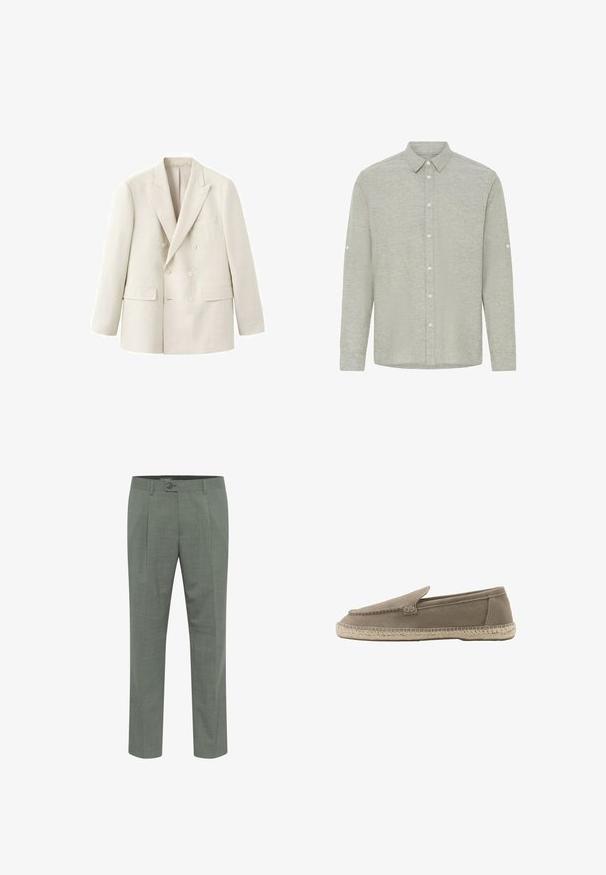 Doppelreihiger Blazer in Cremeton mit Kerbkragen und Pattentaschen, dargestellt vor weißem Hintergrund.; Hellgraues, langärmliges Hemd mit Knöpfen, spitzem Kragen und Knöpfen entlang der Vorderseite und an den Ärmelbündchen.; Maßgeschneiderte grüne Hosen mit strukturierter Oberfläche, ausgestattet mit einem einzelnen Knopfverschluss und einem gefältelten Vorderdesign. Gerader Beinabschluss.; Beiger Wildleder-Slipper-Espadrille mit abgesteppten Details und geflochtener Jutsohle, seitlich auf weißem Hintergrund gezeigt.