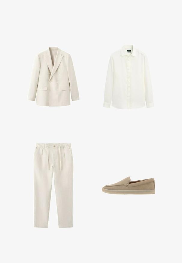 Doppelreihiger Blazer in Cremeton mit Kerbkragen und Pattentaschen, dargestellt vor weißem Hintergrund.; Langärmliges weißes Hemd mit Knopfleiste, Kragen und Manschetten, auf schlichtem Hintergrund dargestellt.; Beige Freizeithose mit elastischem Bund, Knopf, Kordelzug, zwei Seitentaschen und zulaufenden Beinen.; Beigefarbener Veloursleder-Slipper mit hellfarbiger Gummisohle, niedrigem Absatz und dezenten Nahtdetails entlang der oberen Kante.