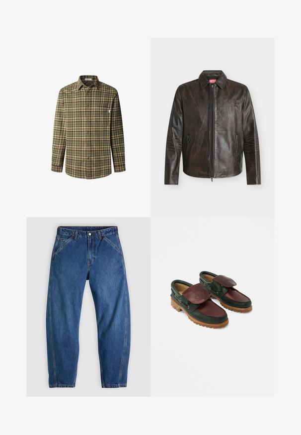Chaqueta de cuero marrón oscuro con cremallera frontal, dos bolsillos laterales con cremallera, un pequeño logo grabado en el pecho y un cuello puntiagudo.; Camisa abotonada en patrón de cuadros en verde y marrón, de mangas largas, con cuello, bolsillo en el pecho, fabricada en un tejido de algodón texturizado y con botones marrones.; Vaqueros de mezclilla azul con un ajuste holgado, cuentan con cierre de botones, cinco bolsillos y costuras en contraste de color naranja. Textura suave en toda la prenda.; Zapatos de cuero con cuerpo verde oscuro, parte superior burdeos, puntera redonda, solapa asegurada y suela de caucho texturizada con crestas.