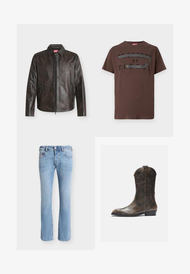 Veste en cuir brun foncé avec fermeture éclair sur le devant, deux poches latérales zippées, un petit logo embossé sur la poitrine et un col pointu.; T-shirt en coton marron avec un texte graphique noir « PROPERTY OF D » et un accent gris texturé traversant la poitrine. Manches courtes, coupe décontractée.; Jean droit en denim bleu clair avec poches avant, passants de ceinture, fermeture à boutons et coutures visibles sur un fond uni.; Botte de cow-boy en cuir marron avec un long tige, un bout pointu, des motifs de couture complexes et un petit talon. Finition texturée tout au long.