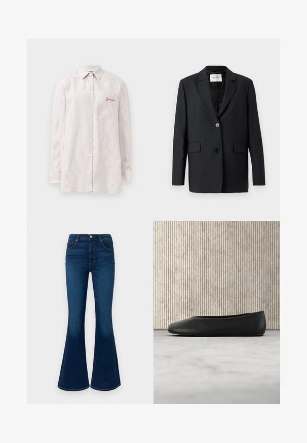 Zwarte blazer met een enkele knoopsluiting, revers met inkeping, twee voorzakken en een gladde textuur. Label met de tekst "CLOSED."; Beige en witte verticale gestreepte button-up shirt met lange mouwen, voorzien van een borstzakje geborduurd met het rode "fiorucci" logo.; Donkerblauwe uitlopende jeans met een hoge taille, gemaakt van denim. Voorzien van standaardzakken, een voorste knoopsluiting en een gladde textuur.; Zwarte leren balletflat met een afgeronde neus, een gladde textuur en een gouden logoaccent aan de zijkant. Geplaatst boven een reflecterend oppervlak.